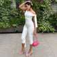 White 2 Piece Lace-up One Shoulder Top Knee Length Pant Coord Sets Women Clothing Elegant Summer Outfits