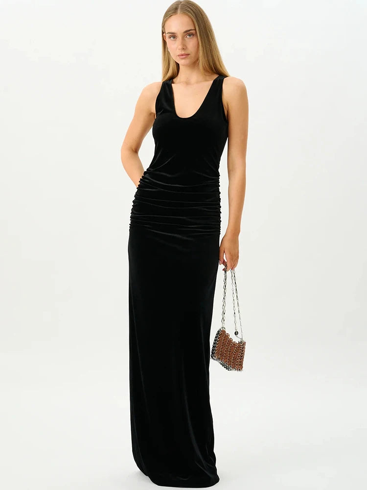 Women Black Velvet Sexy Maxi Dress Sleeveless Deep U Neck Ruched Waist Back Split Bodycon Long Evening Party Dress