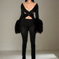 Cross Hollow Jumpsuit Women Sexy Fit Fur Patchwork Full Sleeve Workout Activity Streetwear Stretch Tight Overalls