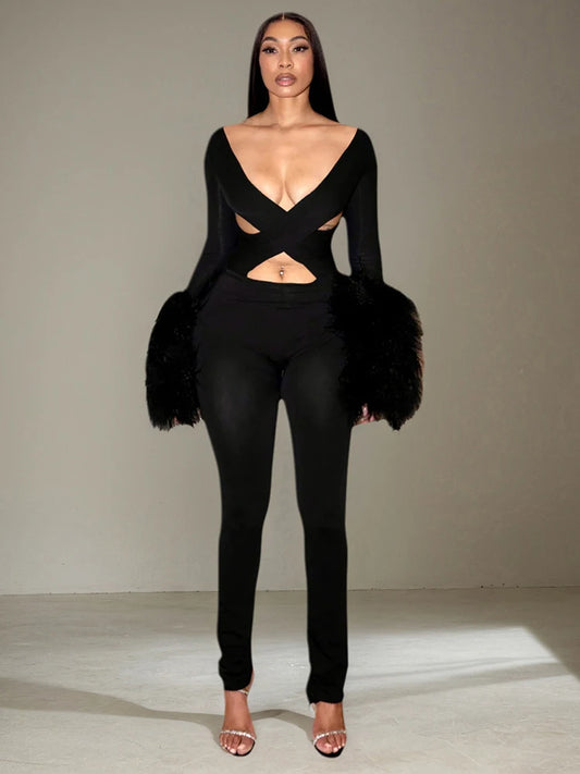 Cross Hollow Jumpsuit Women Sexy Fit Fur Patchwork Full Sleeve Workout Activity Streetwear Stretch Tight Overalls