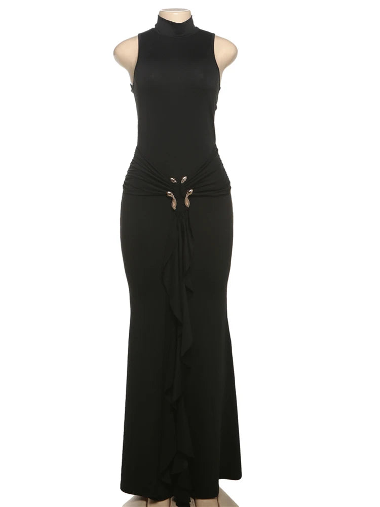 Metal Decoration Dress Women Summer Trend Turtleneck Sleeveless Ribbon Midnight Banquet Party Elegant Long Bodycon