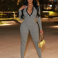 Stripes Print Jumpsuit Women Lapel Full Sleeve Skinny v-Neck Elasticity Autumn Fashion Classic Midnight Streetwear