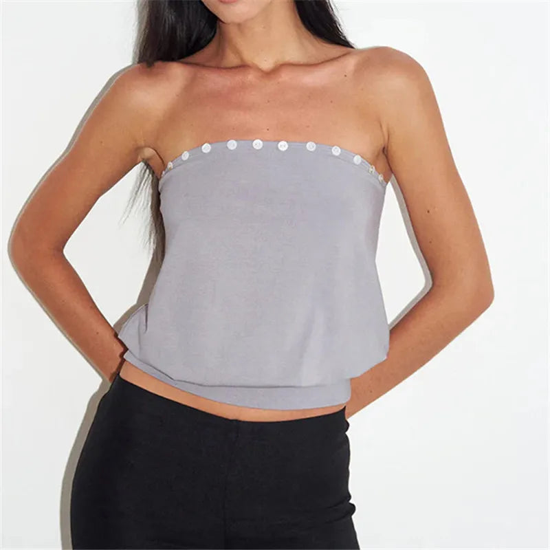Y2K Button Trim Strapless Tube Top Women Elastic Waist Hem Bandeau Sleeveless Off Shoulder Cropped Blouse Streetwear