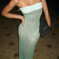Sequined Strapless Backless Split Maxi Dress with Mesh Scarf Woman Elegant Evening Gown Party Dresses