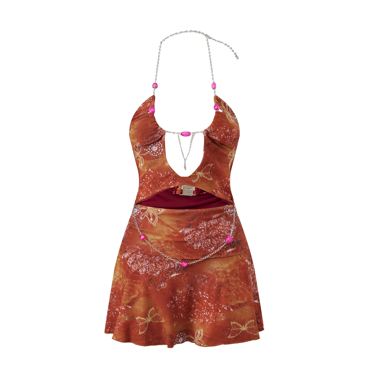 Sexy Floral Print Halter Cutout Mini Dress for Women Backless Bodycon with Beaded Chain Summer Beach Party Outfit