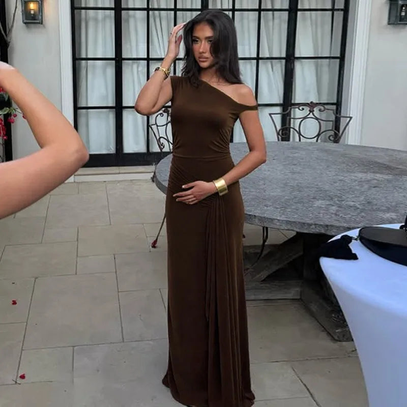 Twisted One Shoulder Sleeveless Maxi Dresses for Elegant Woman Brown Sexy Party Outfits