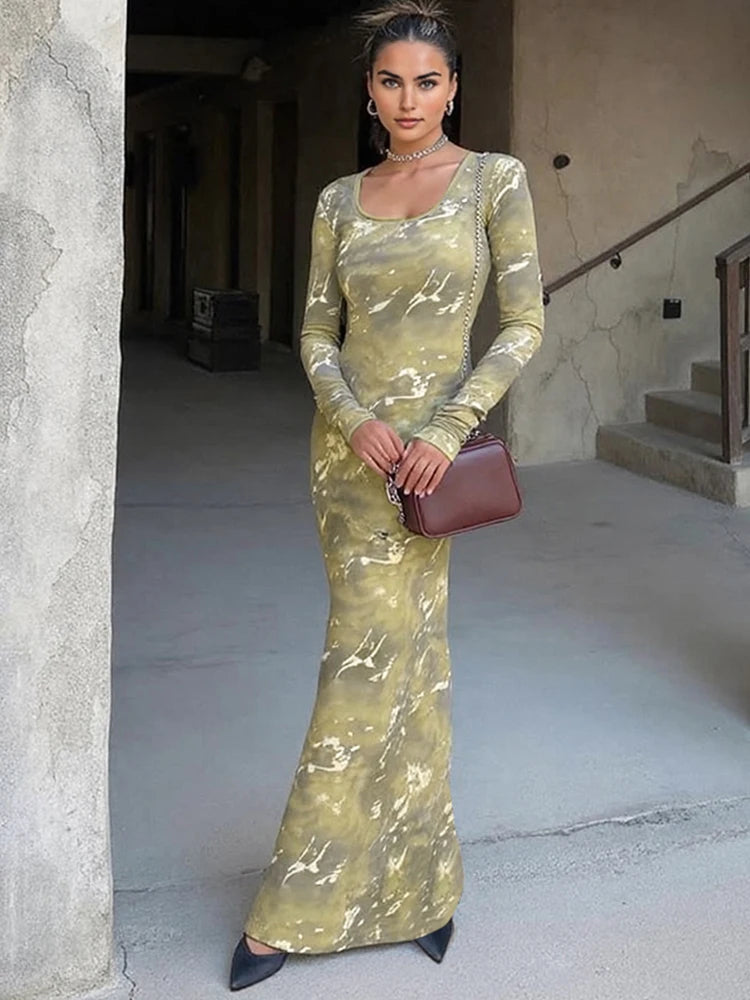 Tie Dye Elegant Maxi Dress Women U-Neck Long Sleeve Sexy Autumn Trend Simple Evening Stretchy Skinny Clubwear Bodycon