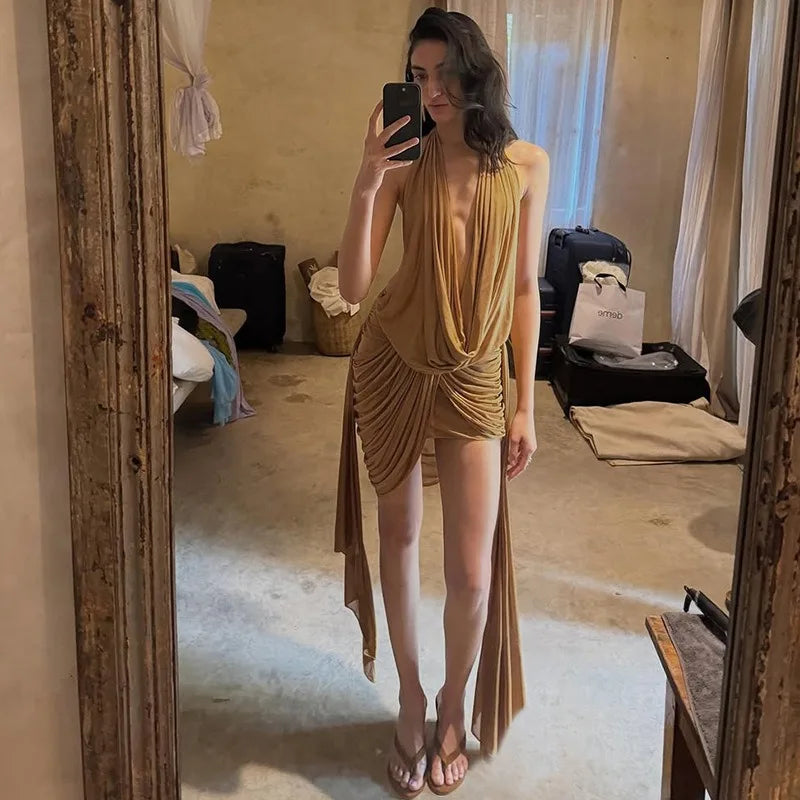 Sexy Open Back Mini Dress Plunging Cowl Neck Cascading Side Drapes Beach Vacation Dresses for Woman