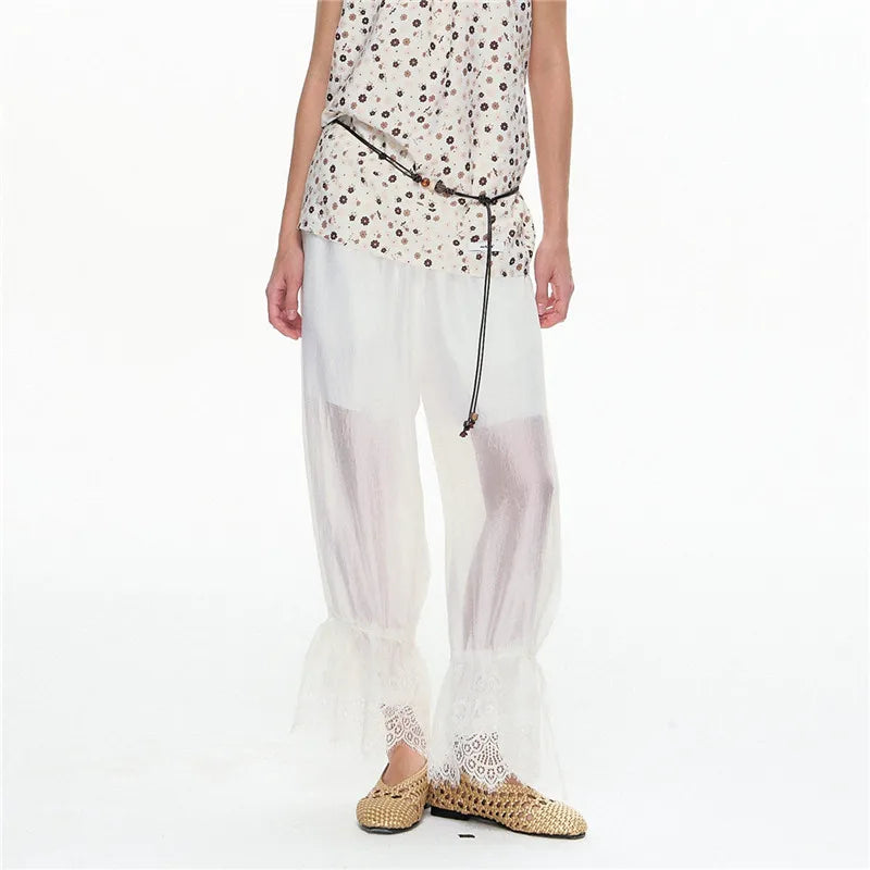 Women Boho Sheer Loose Harem Pants Drawstring Elastic Waist Lace Ruffle Hem Casual Beach Cover Up Trousers With Pockets