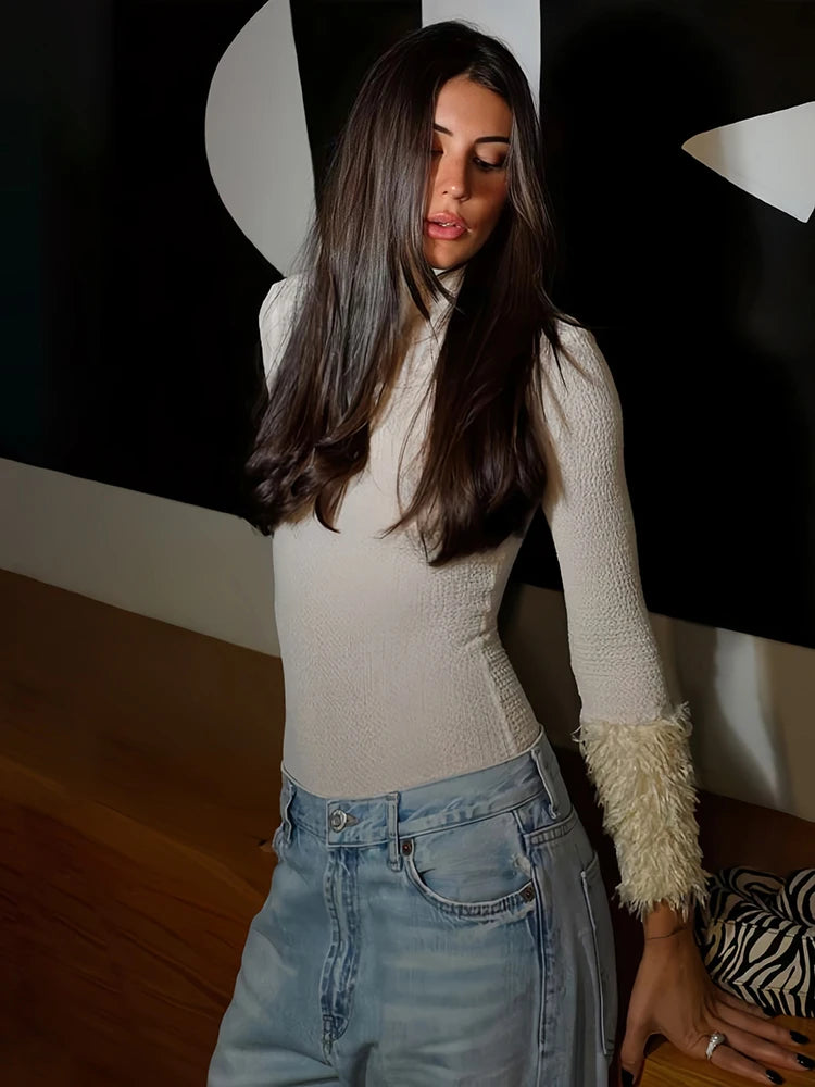 Fluffy Patchwork Knit Bodysuit Women Fashion Turtleneck Full Sleeve Autumn Trend Hottie Street Party Activity Outfits