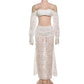 White Sheer 2 Piece Set Off Shoulder Long Sleeve Crop Top and Maxi Skirt Coords Sets Woman Vacation Outfits