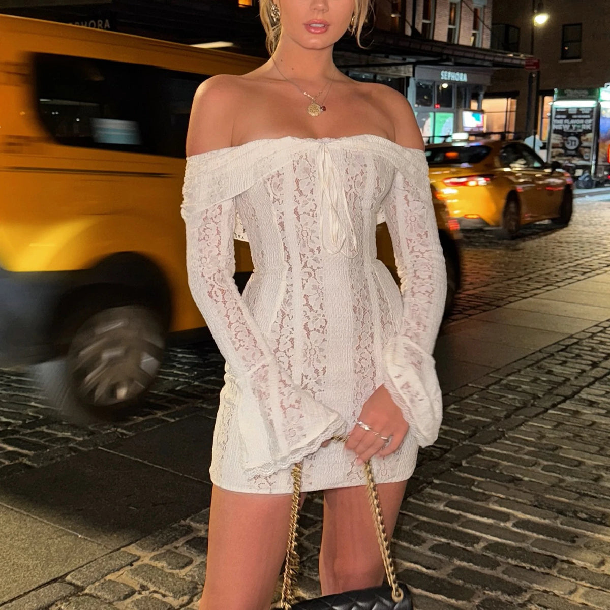 Lace Slim Mini Dress for Women Off The Shoulder Sexy Long Sleeves Club Party Dresses Bodycon Elegant Autumn Dress