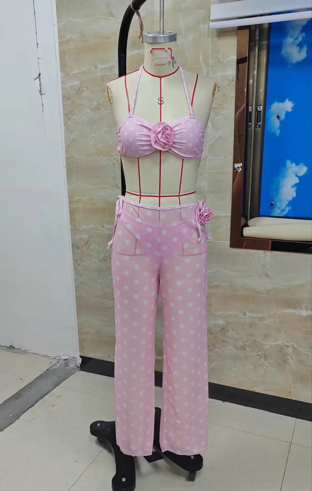 Women's 3 Piece Bikini Set Fashion Dot Print Halter Neck Bra Triangle Thong Bathing Suit with Cover Up Pants