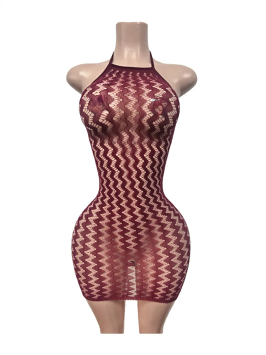 Sleeveless See Through Jacquard Dress Women Sexy Backless Halter Bandages Trend Fashion Midnight Club Street Bodycon