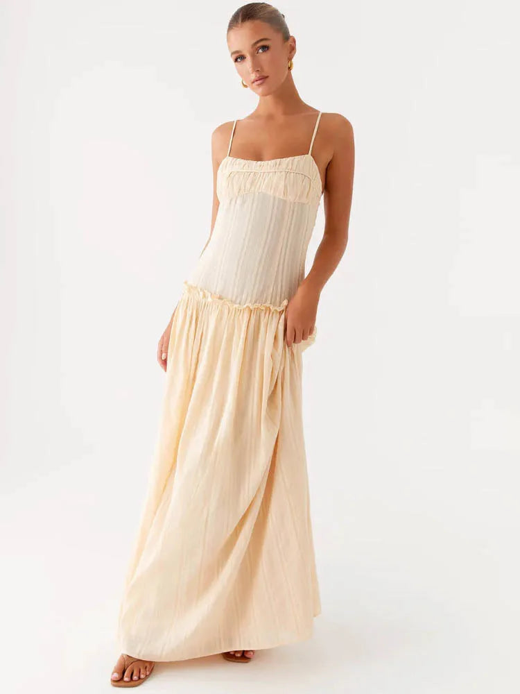 Elegant Spaghetti Strap Sexy Maxi Dress Women Gown Fashion Off-shoulder Sleeveless Backless Pleated Club Long Dresses