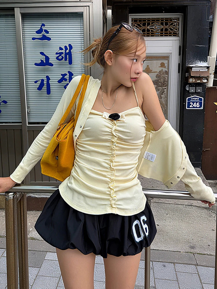 Bow Appliques T-Shirt Women Sweet Ruched Patchwork Camisole+Metal Buckle Crop Coat Stretch Skinny Hottie Streetwear