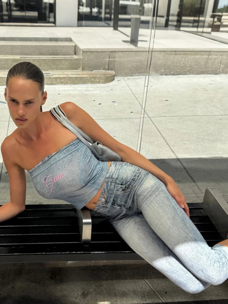 Fake Denim 2 Piece Set Woman Letter Print Wrap Chest Backless Tank Tops+Elastic Waist Crop Pants Sexy Fashion Suits