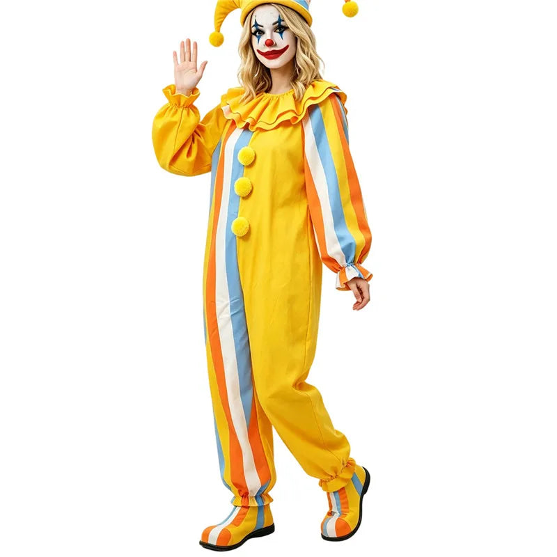 Adult Circus Clown Cosplay Costume Striped Long Sleeve Loose Jumpsuit Ruffled Collar Carnival Fancy Dress