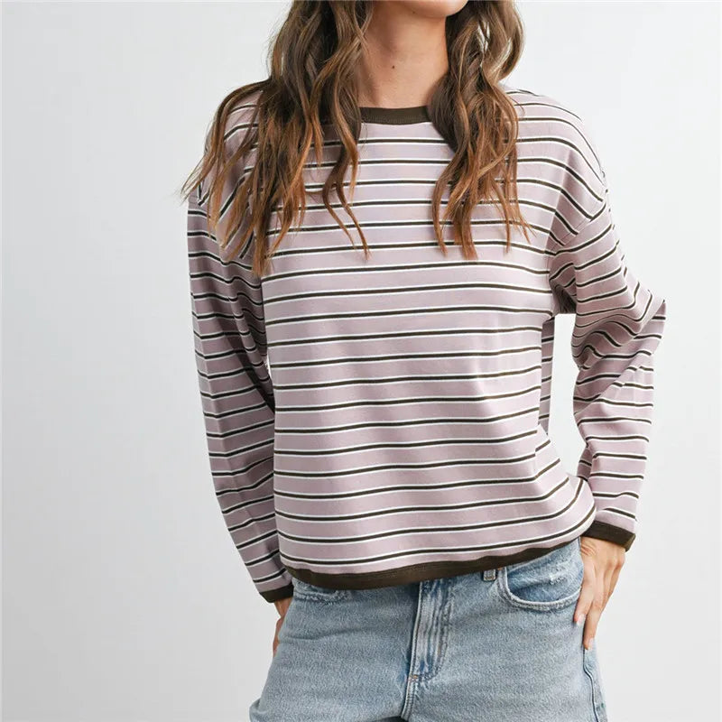 Contrast Rib Crew Neck Striped Long Sleeve T Shirt Drop Shoulder Loose Cropped Basic Casual Pullover Top for Fall Winter