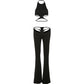 Hollow Straps 2 Piece Sets Woman Summer Sexy Solid Halter Backless Tops+Sequined Flared Pants Party Skinny Outfits