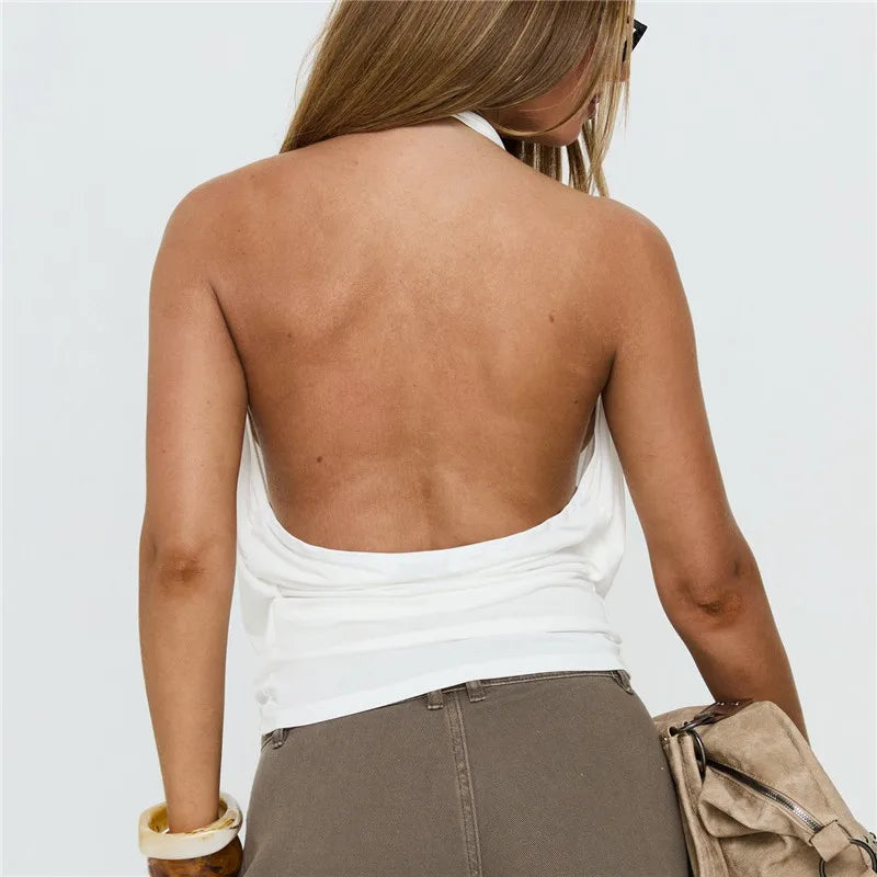 Women Cowl Neck Halter Top Tortoise Ring Decor Sleeveless Deep V Backless Slim Fit Cropped Y2K Party Street Blouse