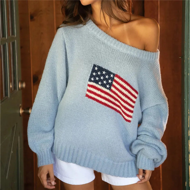 Off Shoulder American Flag Knit Sweater for Women Long Sleeve Oversized Fit Casual Streetwear Pullover for Fall Winter