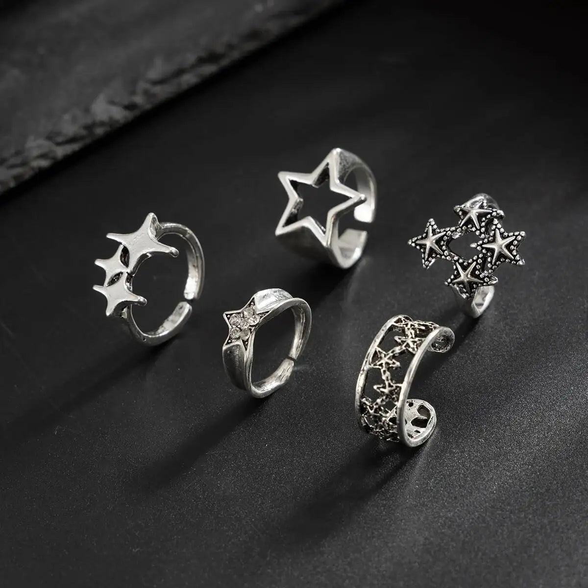 5Pcs Hip Hop Hollow Out Stars Open Rings Set for Men Gothic Geometric Pentagram Adjustable Knuckle Ring Party Jewelry New
