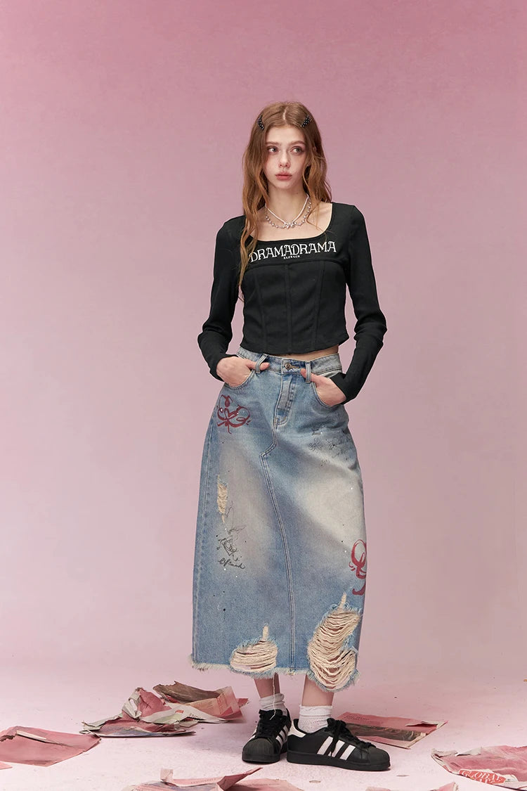 Cropped Long-Sleeve T-shirt with Letter Print, Y2K U-Neck Streetwear Tops for Women, Fashion Casual Tee for Daily Outfit