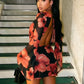 Mesh Patchwork Mini Dress Woman Floral Print Swing Collar Lace-Up Backless Full Sleeve High Street Elegant Bodycon