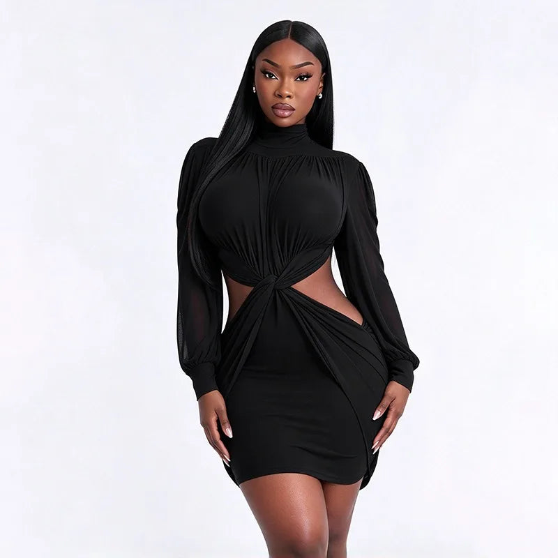 Mesh Sheer Long Sleeve Cut Out Mini Dress Woman Clothing Elegant Sexy Autumn Winter Dresses 2026