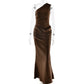 Satin Splicing One Shoulder Draped Maxi Dress Evening Gown Woman Party Dresses Elegant Sexy
