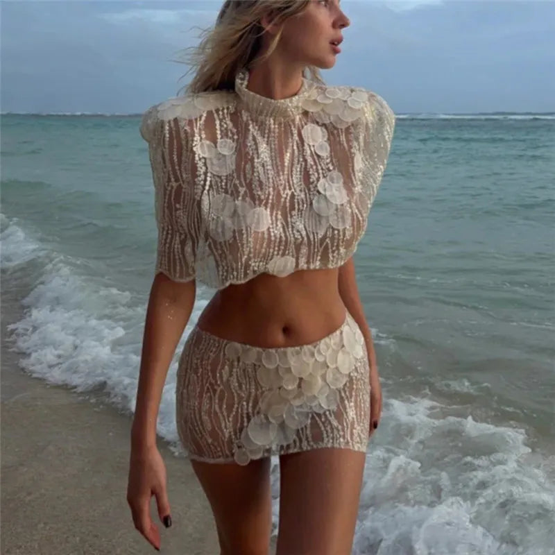 Aesthetic Shell Sequin Mesh Two Piece Set Women High Neck Crop Top Mini Skirt Sheer Sparkly Beach Bikini Cover Up Outfit