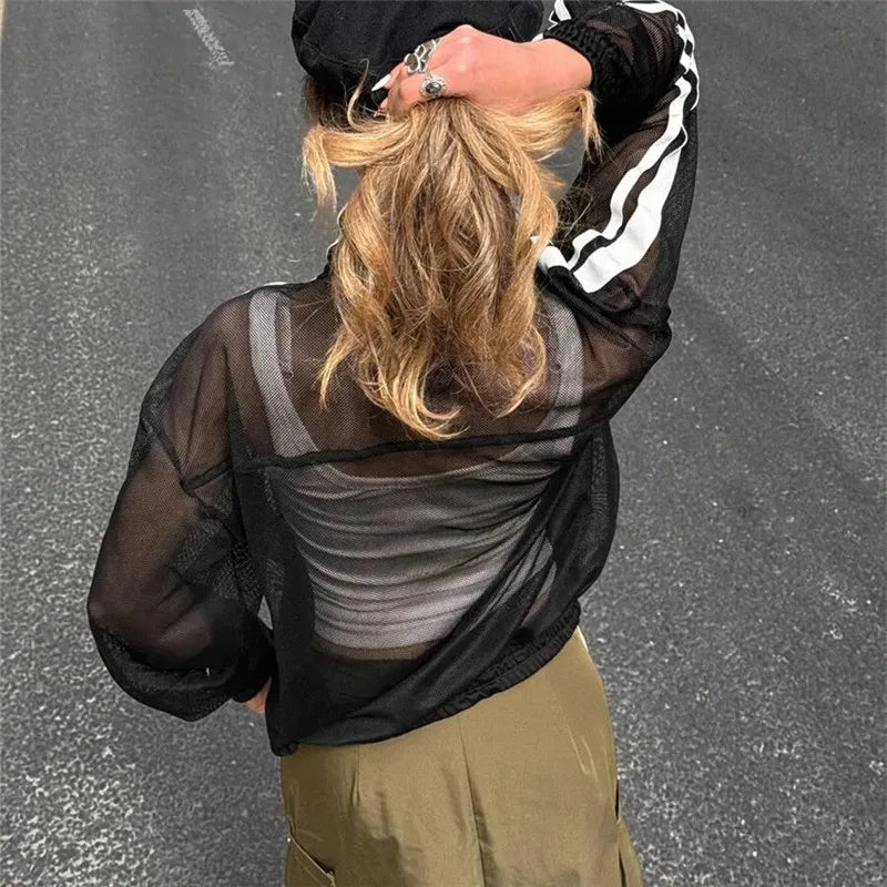 Y2K Sheer Mesh Jacket Stand Collar Zip Up Chinese Frog Buttons Side Striped Long Sleeve Loose Street Casual Outerwear