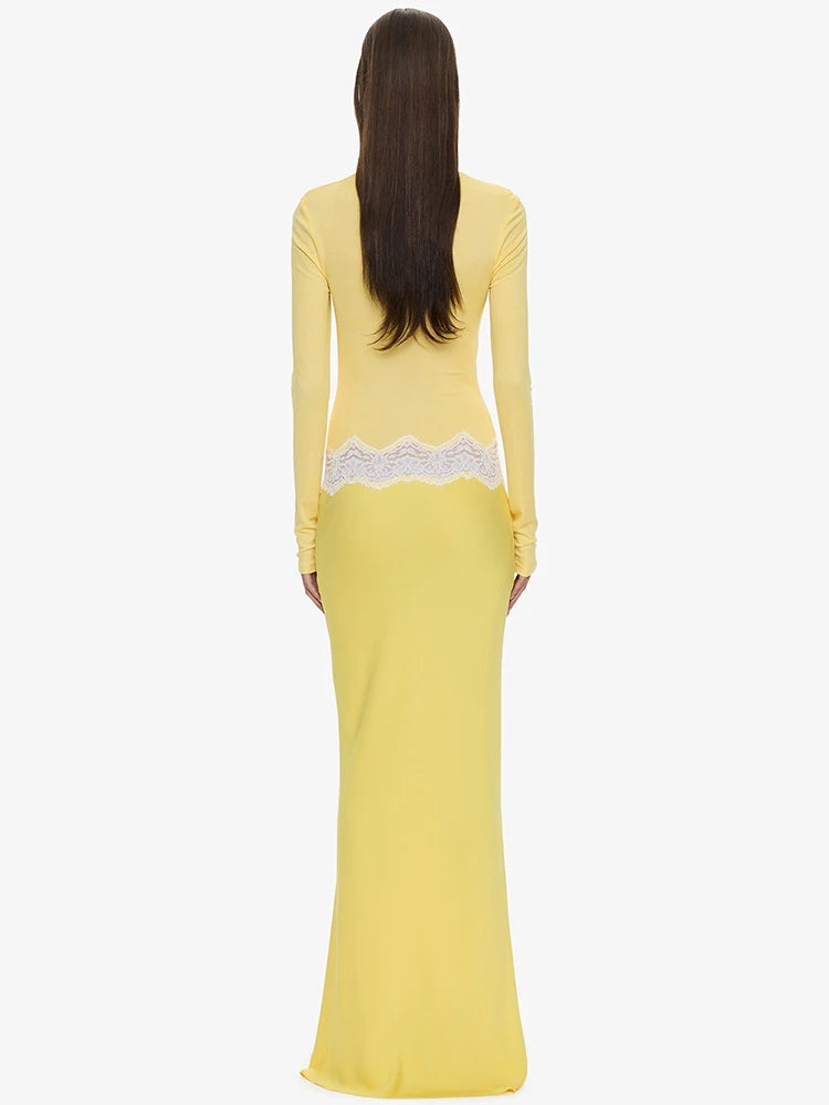 Women Color Block Maxi Dress Long Sleeve Cutout Mesh Top With Lace Trim Bodycon Mermaid Long Evening Party Dress