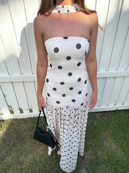 Polka Dot Print Dress+Silk Scarf Women Sexy Fashion Mesh Patchwork Hem Sleeveless Elegant Trend Party Club Bodycon