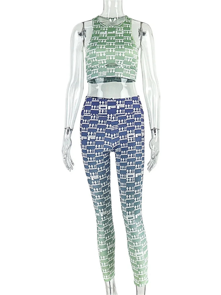 Arrow Print 2 Piece Set Women o-Neck Hollow Tank Tops+Skinny Gradient Long Pants Daily Casual Fashion Sporty Outfits