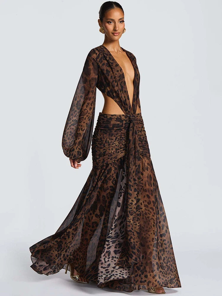 Leopard Print Long Sleeve Sexy Maxi Dress Women Fashion Hollow Out Backless Draped Ruched Bodycon Club Party Long Dress