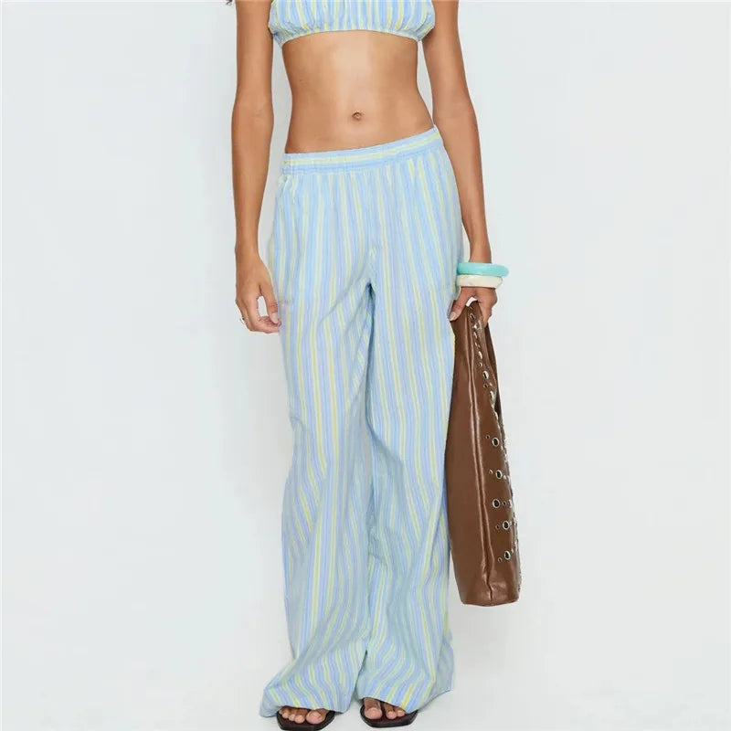 Women Striped Wide Leg Pants Elastic Waist Loose Fit Casual Trousers With Pockets Summer Beachwear Streetwear Pants
