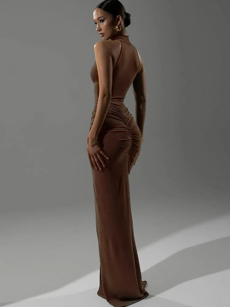 Peach Buttocks Dress Women Halter Pleated Solid Slim Slit Sexy Elegant Sleeveless Midnight Clubwear Party Vestidos