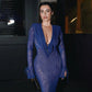 Leopard Print Mesh Sheer Blue Dresses Elegant Woman for Party Deep V Neck Long Sleeve Maxi Dress