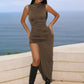 Summer Ruched Split Maxi Dress Women Gown Fashion Solid O Neck Sleeveless High Waist Tank Dress 2025 New Dresses
