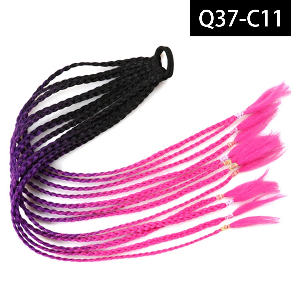 Synthetic Colored Braided Ponytail Hair Extension Rainbow Color Braids Pony Tail With Elastic Band Girl's Pigtail