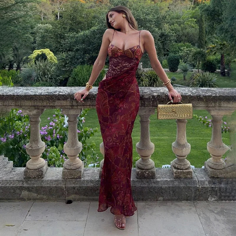 Floral Print Burgundy Maxi Dresses for Woman Sexy Bodysuit Mesh Patchwork Party Dress 2026