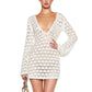 Women Crochet Knit Mini Dress Deep V Neck Long Sleeve Openwork Backless Tie-Up Bodycon Cover-Up Dress for Beach Vacation