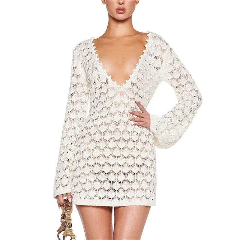 Women Crochet Knit Mini Dress Deep V Neck Long Sleeve Openwork Backless Tie-Up Bodycon Cover-Up Dress for Beach Vacation