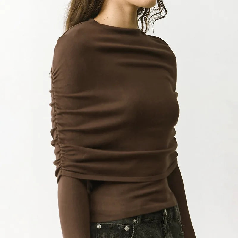 Ruched Overlay Long Sleeve Tops High Quality 2026 Fall T Shirts Woman Clothing