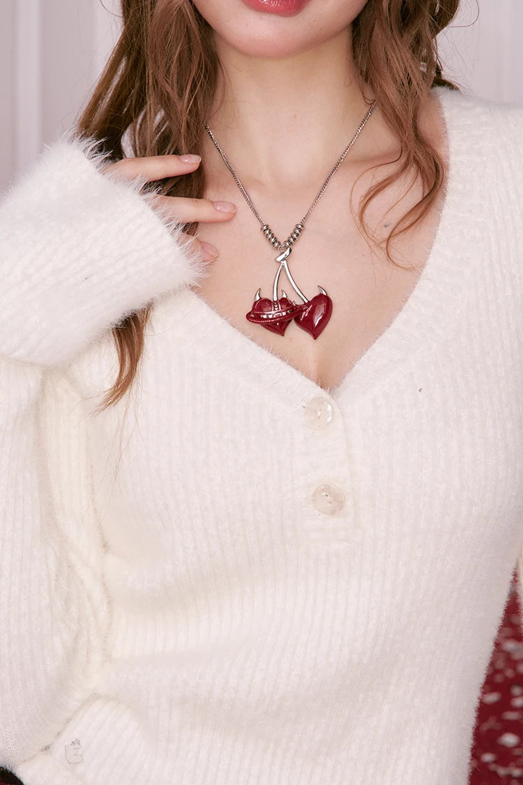 Y2K Design Cherry Pendant Little Devil Heart Necklace For Women