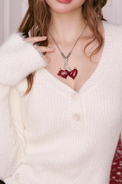 Y2K Design Cherry Pendant Little Devil Heart Necklace For Women