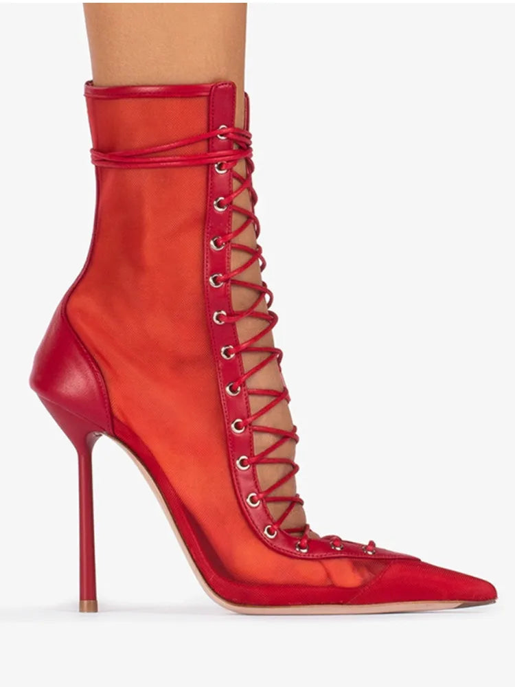 2026Spring/Summer New Lace Up Short Cool Boots Side Zipper Banquet Slimming High Heels Sexy Knee Length Women's Boots