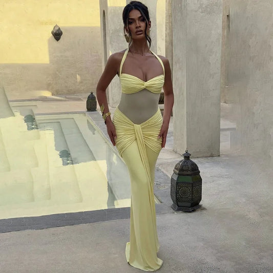 Halter Backless Fishtail Maxi Dress Sheer Mesh Patchwork Black Evening Dresses Elegant Sexy Party Outfits